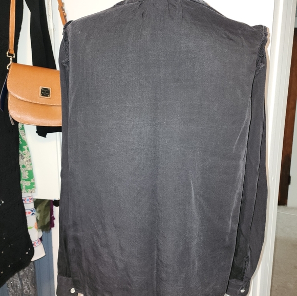 Black Denim Ruffled Button Blouse Large - Picture 3 of 5